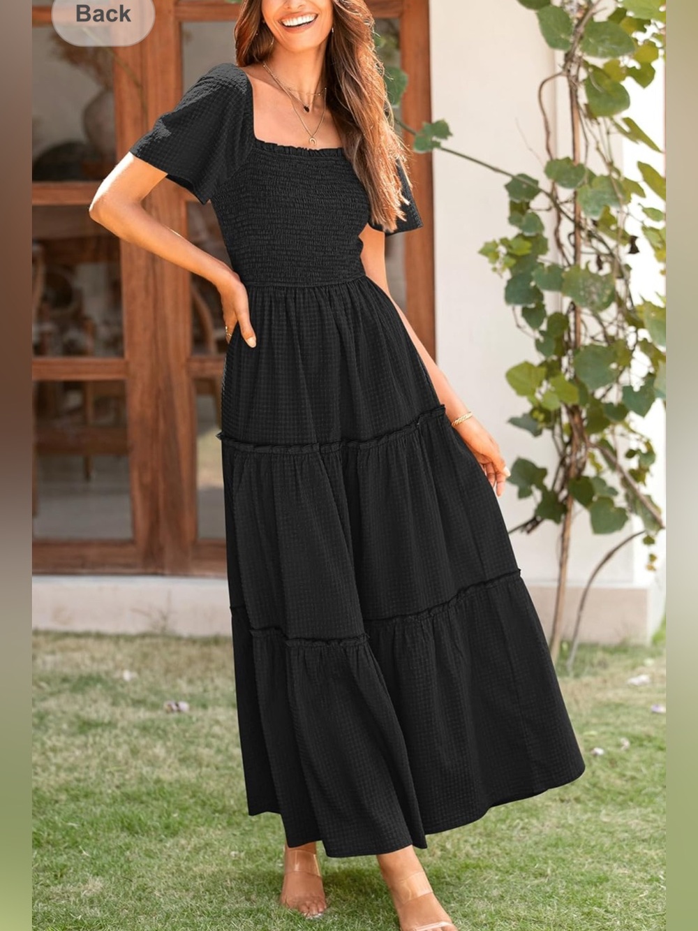 XL pretty garden Maxi Dress Black Gingham Seersucker Pouf Sleeves Tiered Smock